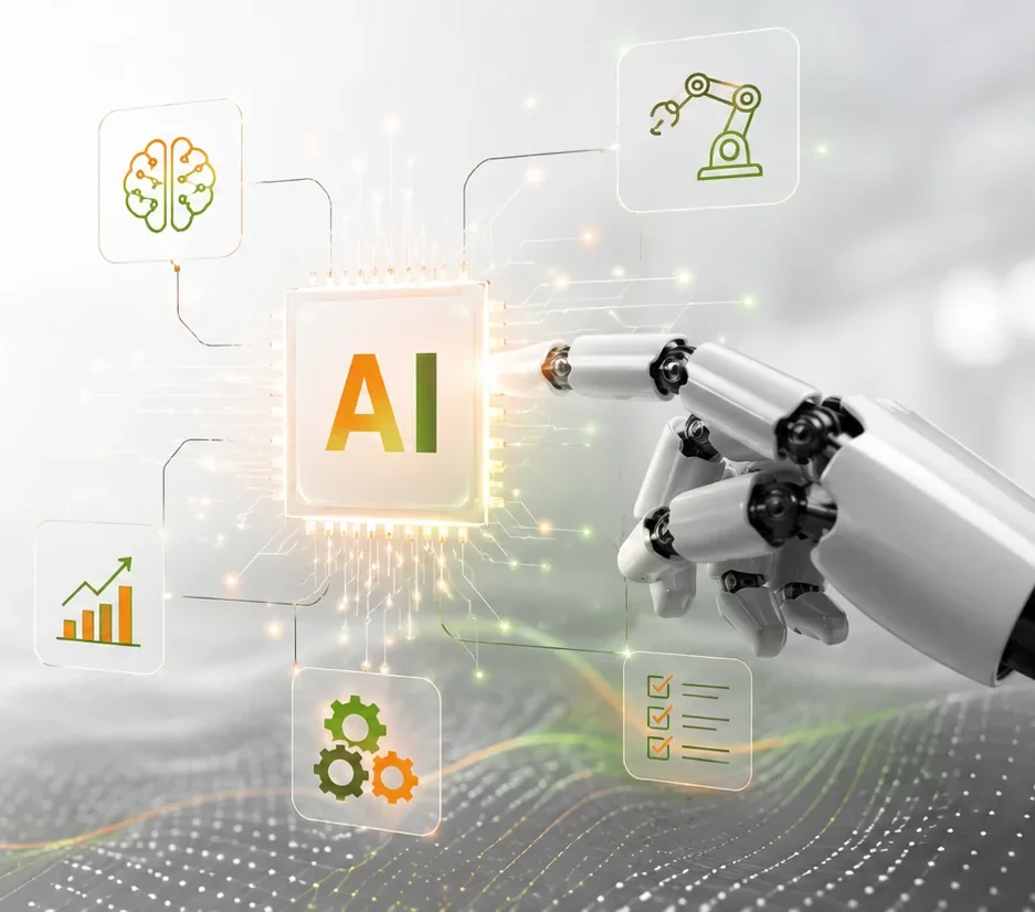 KI-Chip mit Symbolen für Analyse, Automatisierung und Robotik, den eine Roboterhand berührt.